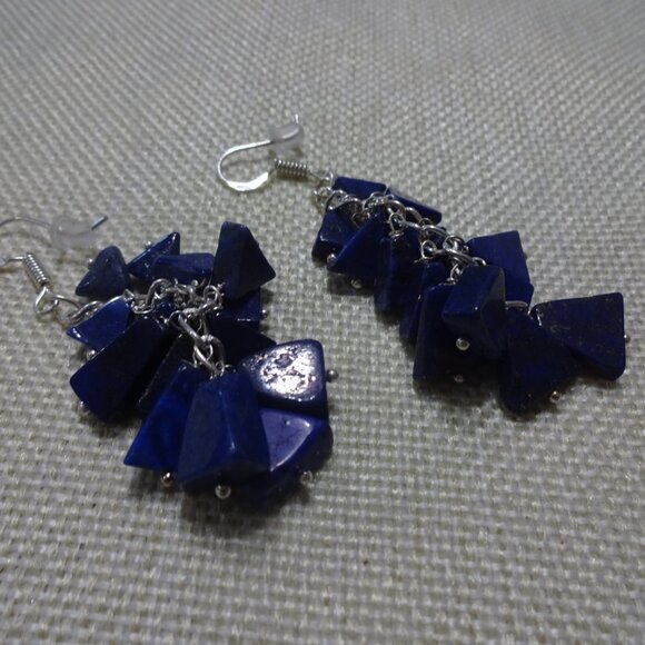 Unique LAPIS CHIP Handmade Sterling 925 Dangle Earrings (2" Drop) #621C - Picture 3 of 3